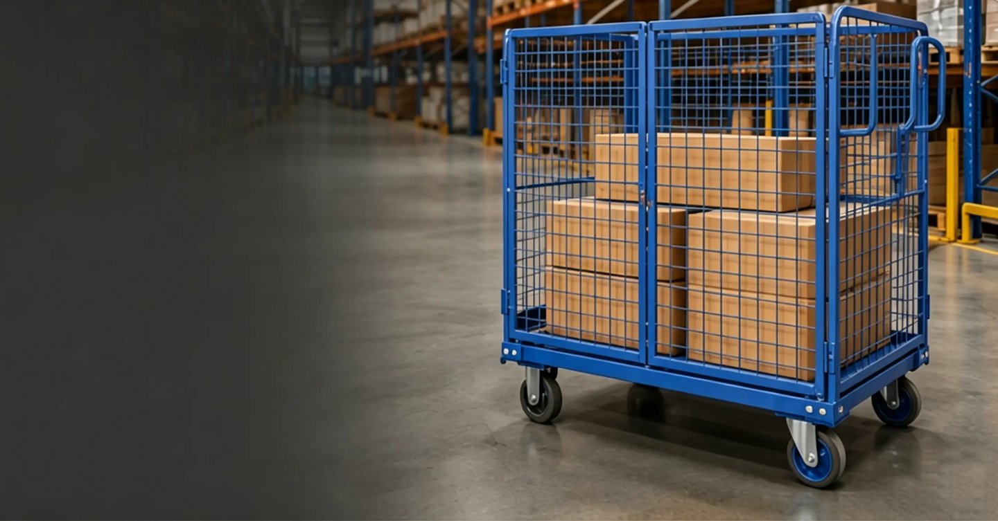 Blue industrial metal roll cage trolley with boxes in a logistics warehouse aisle.