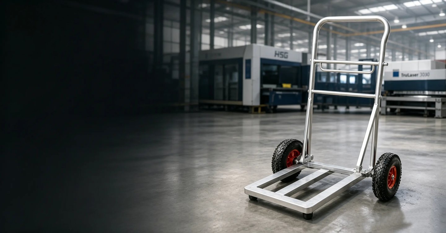 Durable aluminum industrial hand truck with pneumatic wheels in a modern warehouse setting.