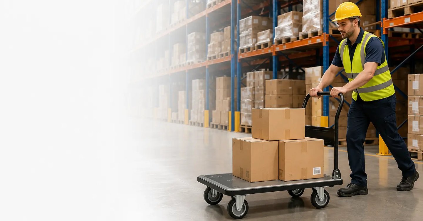 Warehouse worker in a yellow safety vest pushing a flatbed cart with boxes through a distribution center.
