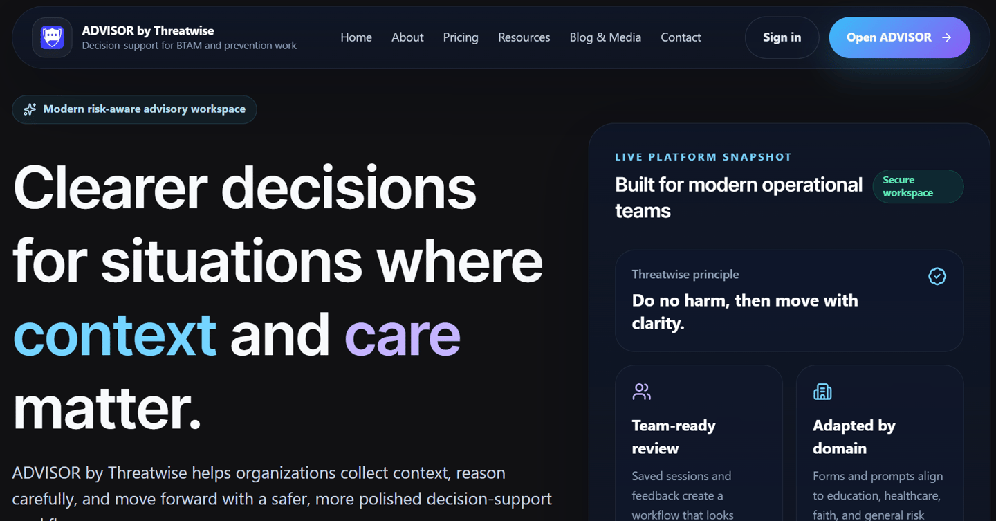 ADVISOR by Threatwise website interface showing decision-support tools for operational teams.