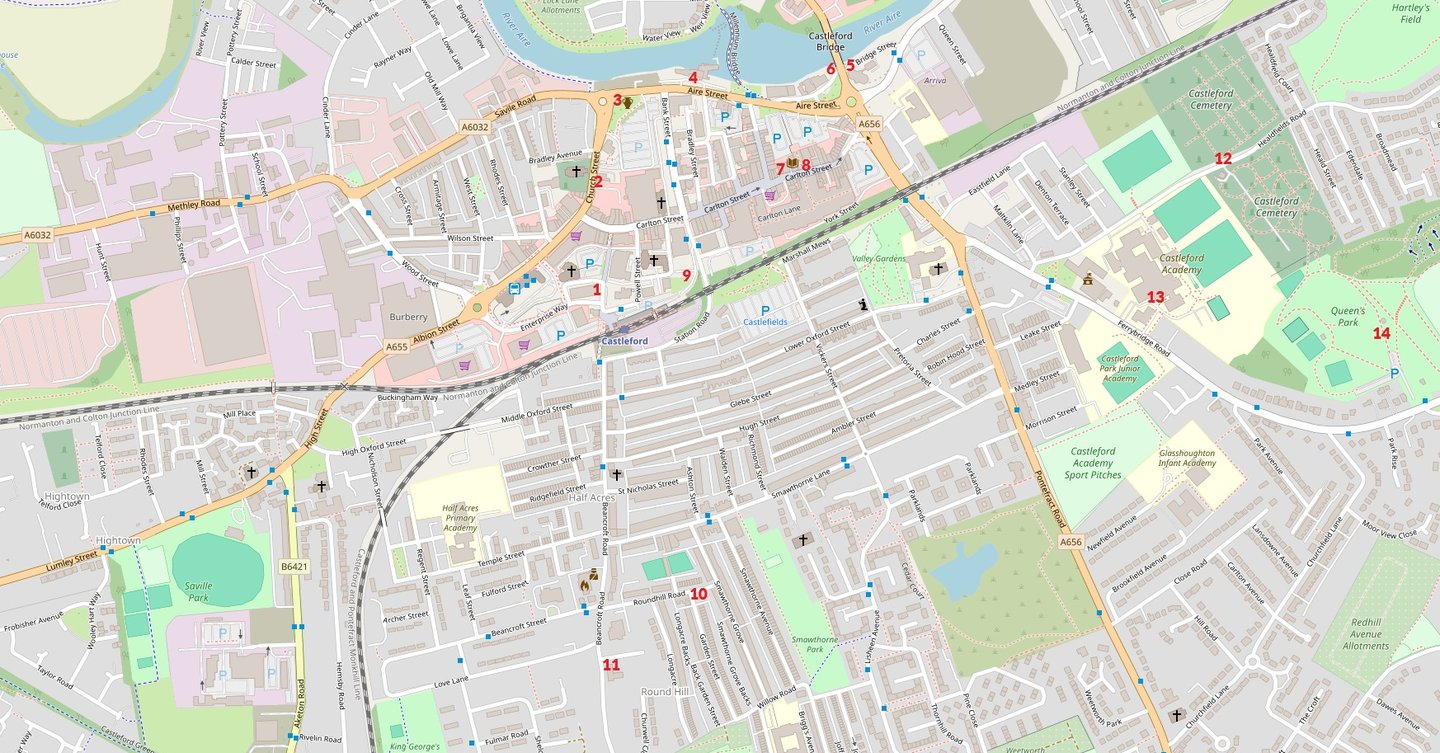 Map of Castleford town - showing locations of Blue Plaques