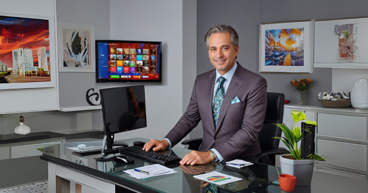 THE MAN in a suit and tie is sitting at a desk