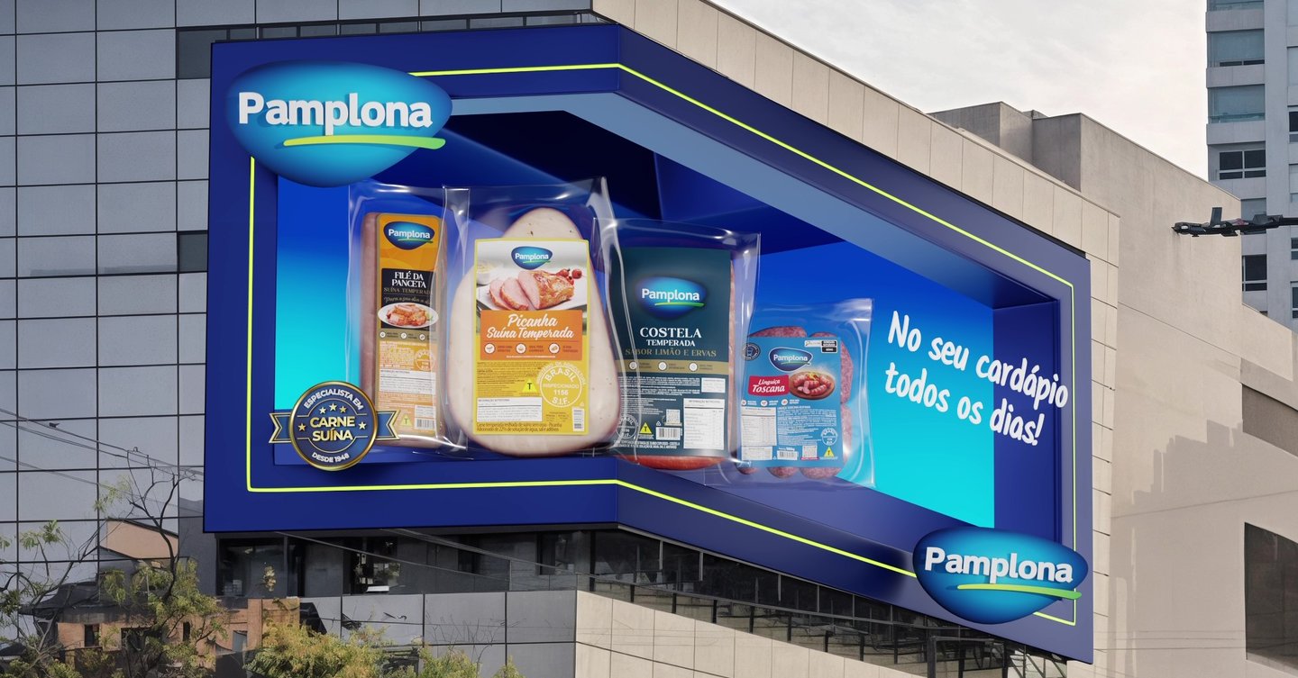 Billboard Telão 3D exibindo um vídeo 3D da Pamplona Alimentos, desenvolvido por Neopixel Digital