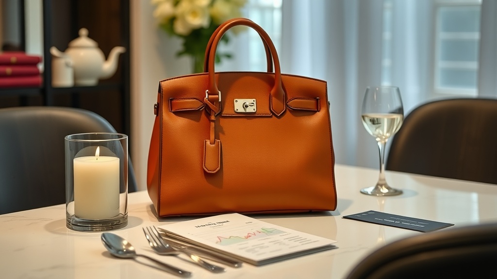a birkin purse with a candle and a glass of wine