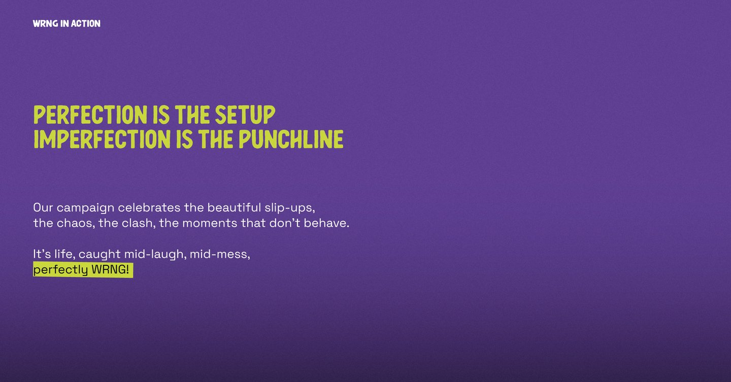 A purple block with text explaining the WRNG brand in action