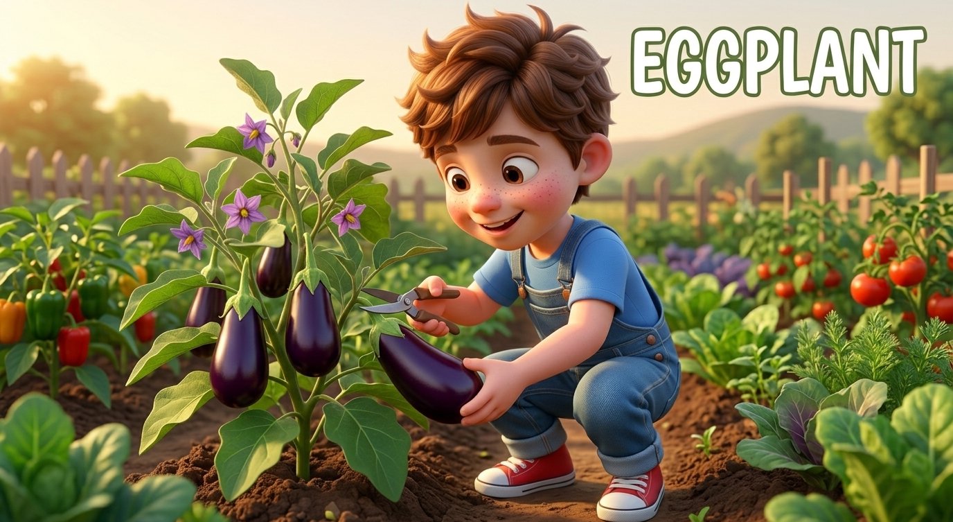 A cartoon boy harvests a ripe purple eggplant from a garden plant using garden shears.