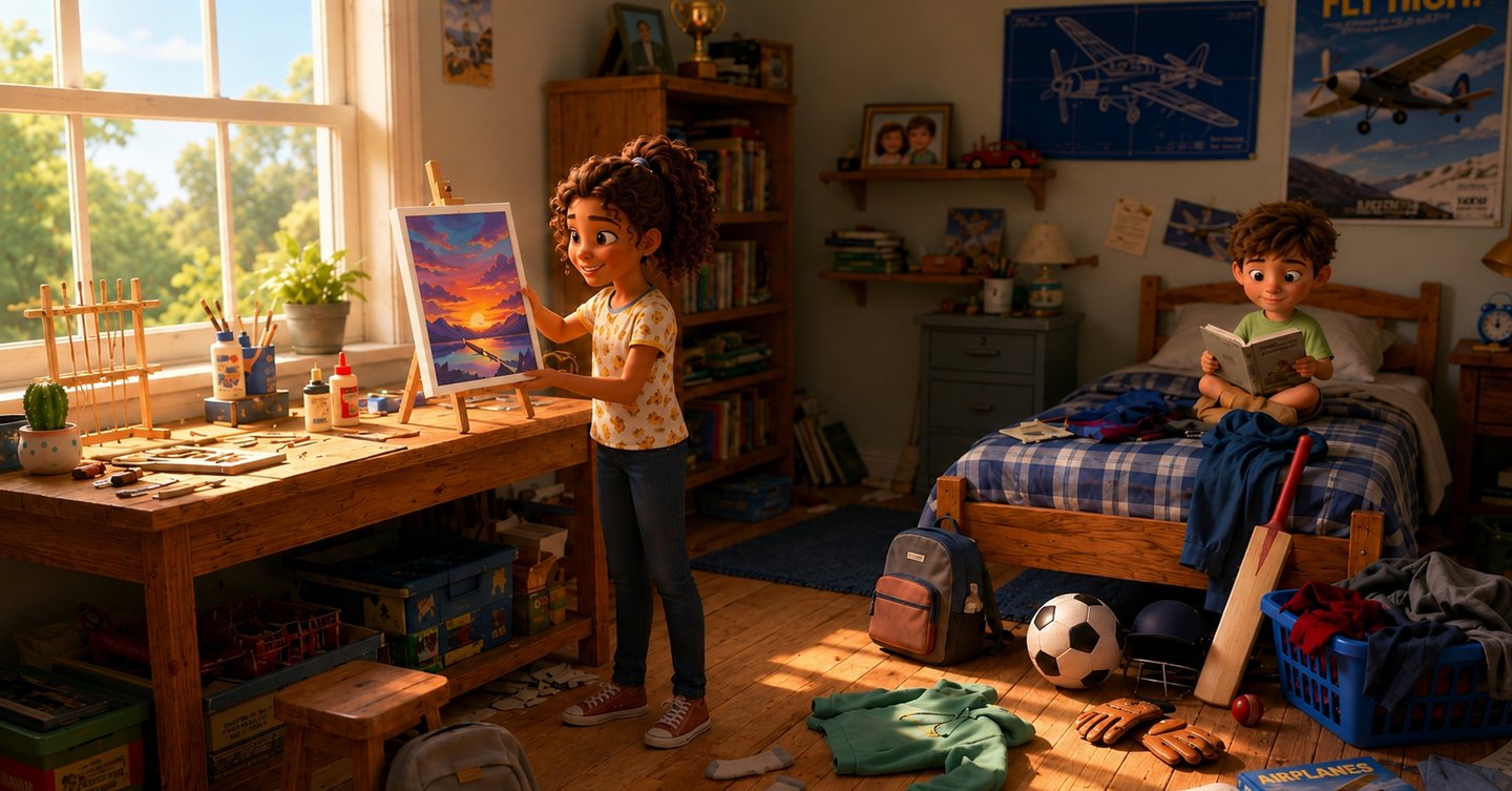 A girl painting a sunset on an easel in a cozy bedroom with her brother reading on the bed nearby.
