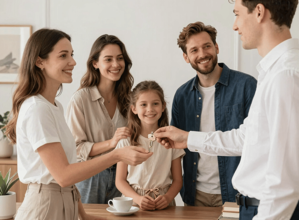 A friendly real estate agent showing a happy couple a cozy home interior.