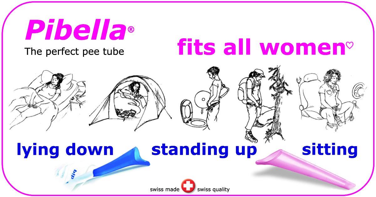 Illustration of two Pibella female urination devices for standing, sitting, and lying down, with drawings of women in various