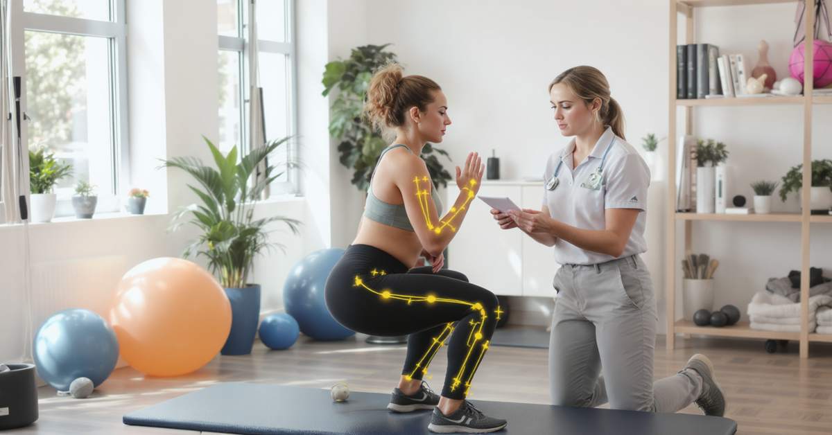 Therapist observing a client performing a squat during a Digital Movement MOT at FS Sports Therapy