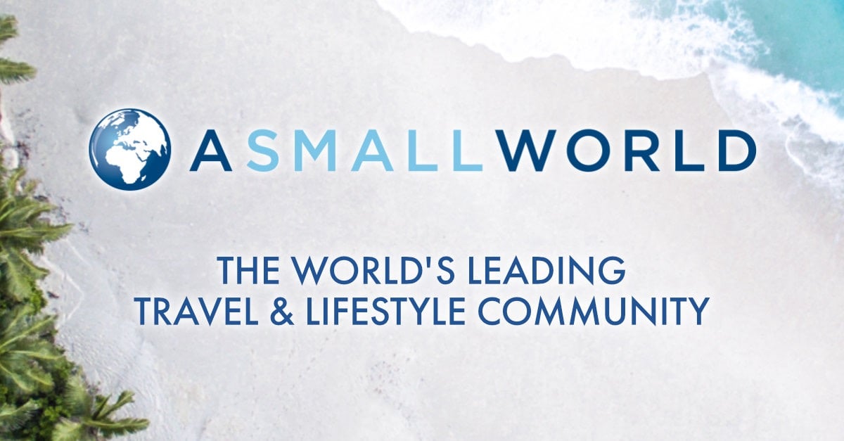 ASMALLWORLD travel and lifestyle community logo over a tropical white sand beach with palm trees.