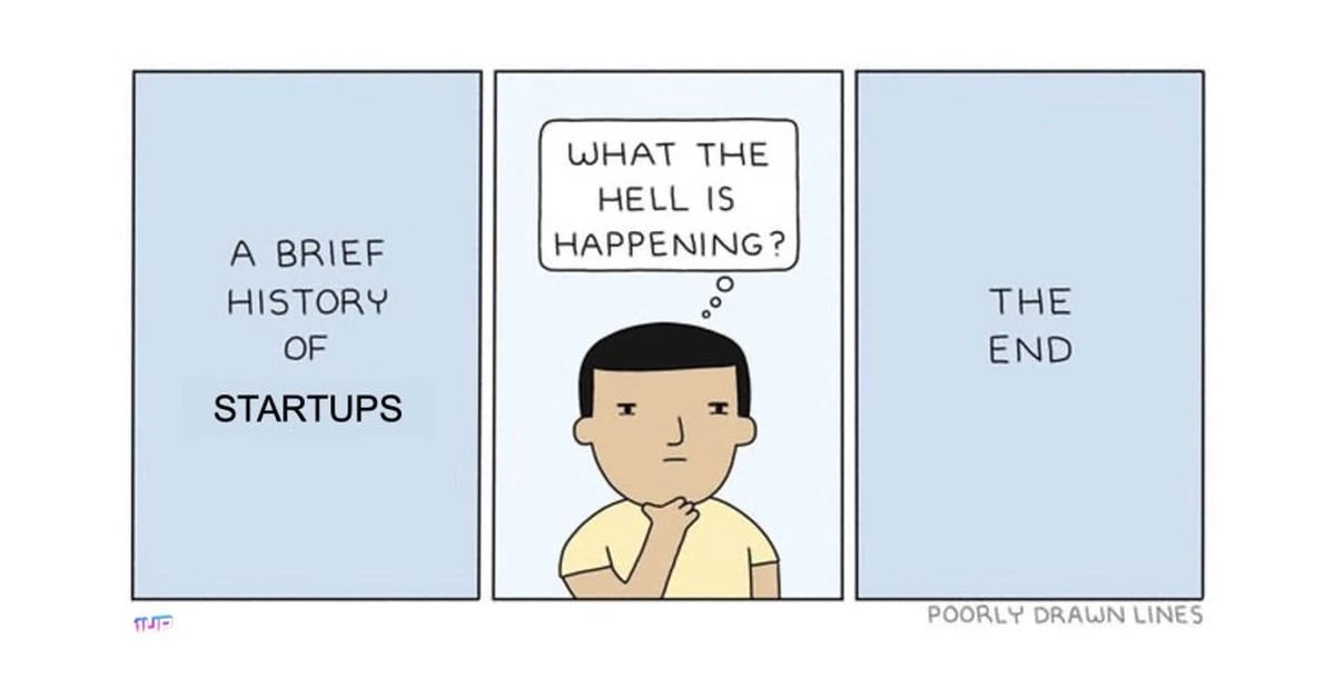 A brief history of startups comic showing a confused founder and a chaotic timeline.