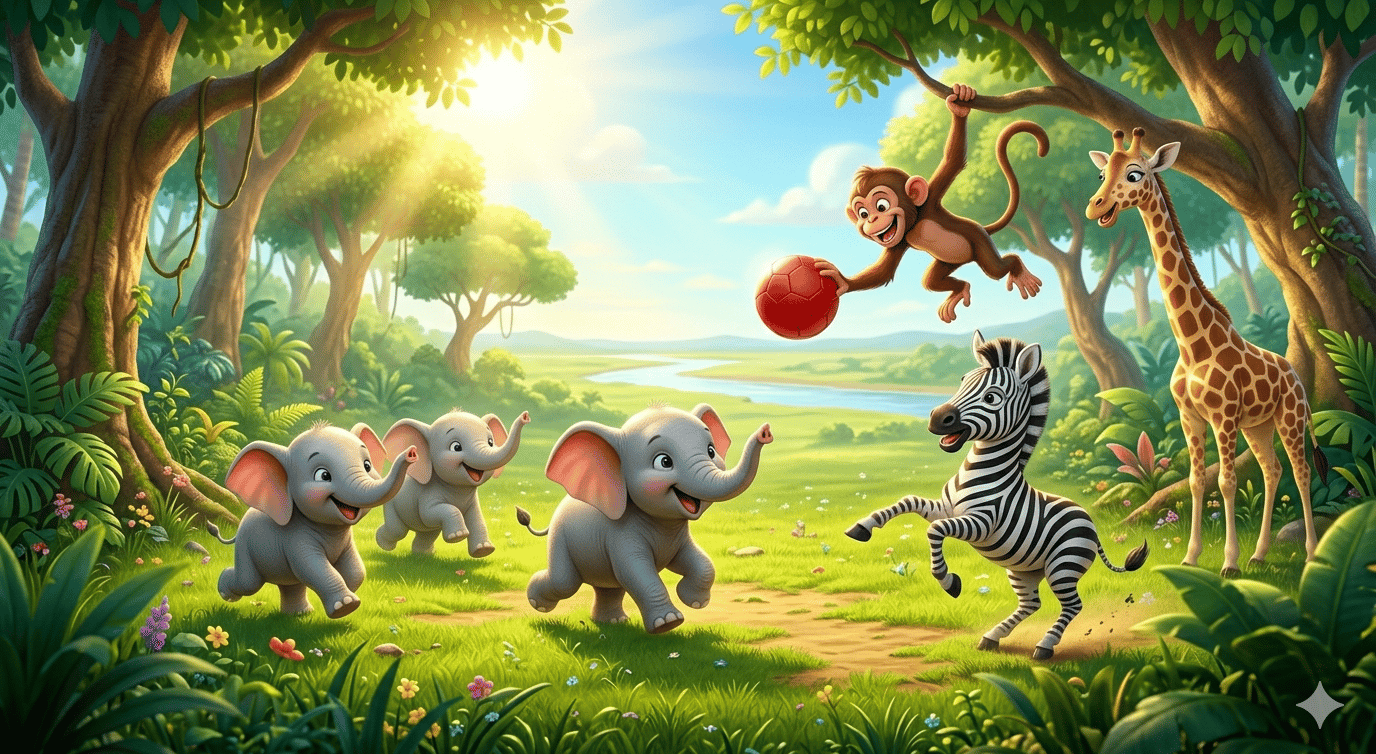 Cute jungle animals including elephants, a zebra, and a giraffe playing with a ball in a sunny forest.