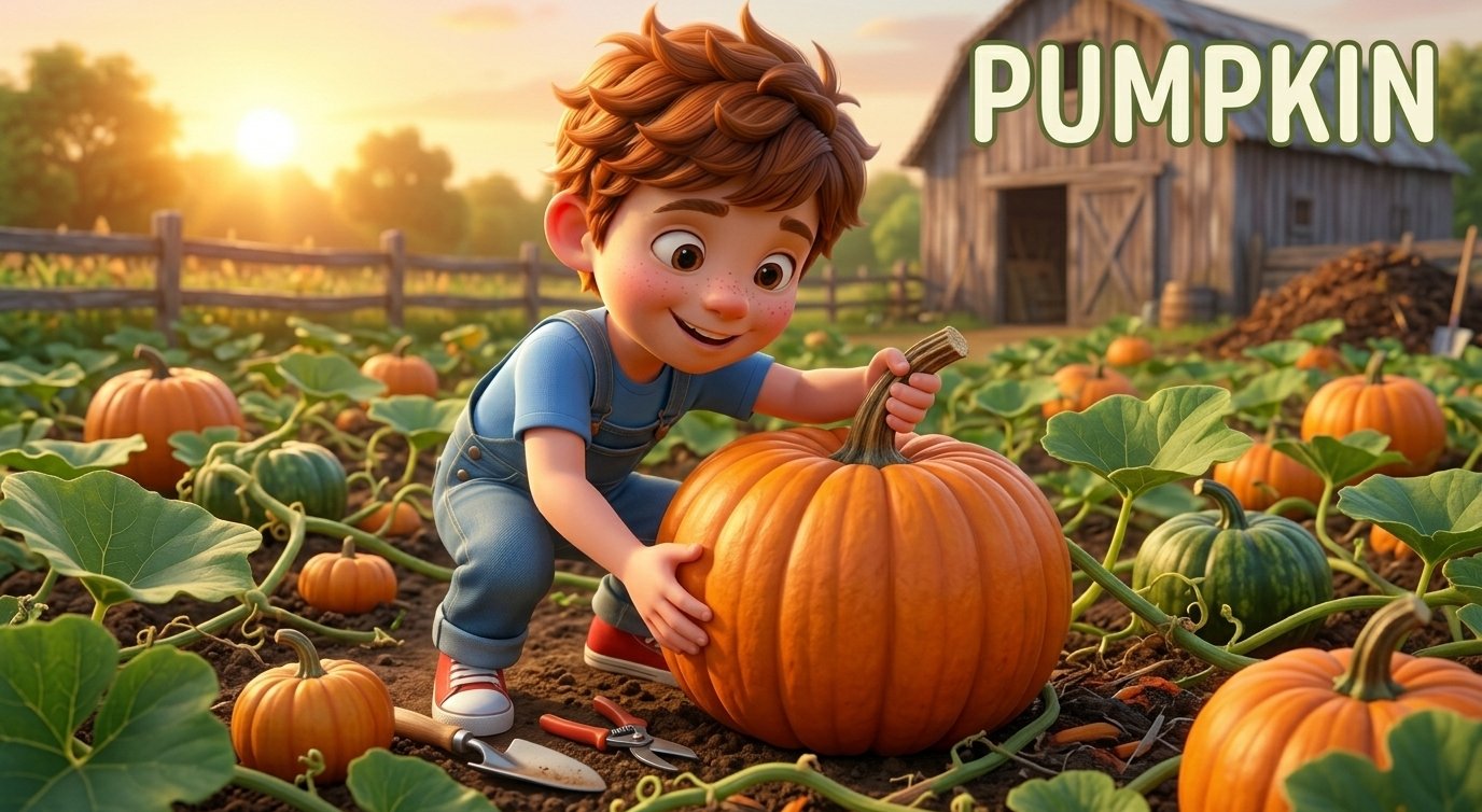 A young boy picking a large orange pumpkin in a sunny autumn pumpkin patch garden near a barn.