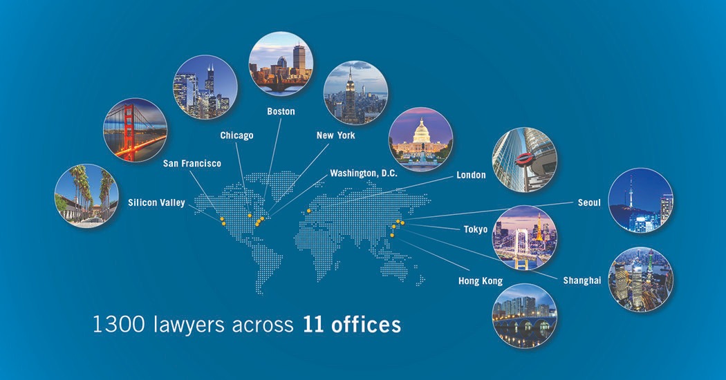 World map showing 11 global law firm office locations with city skyline icons and legal team statistics.