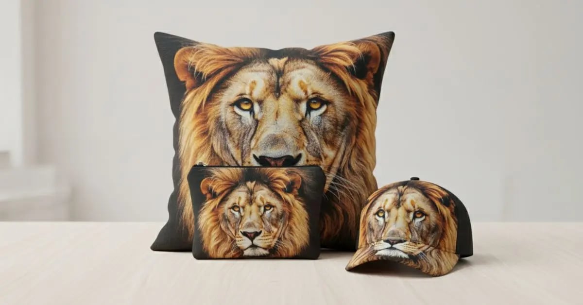 Berbagai produk—bantal, pouch, dan topi—dengan print gambar singa yang sama di atas kanvas SIGNIFO.