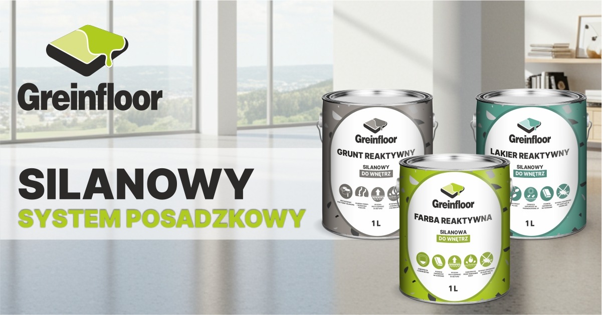 Greinfloor silanowy system posadzkowy składający się z puszek relatywnego gruntu, farby i lakieru.