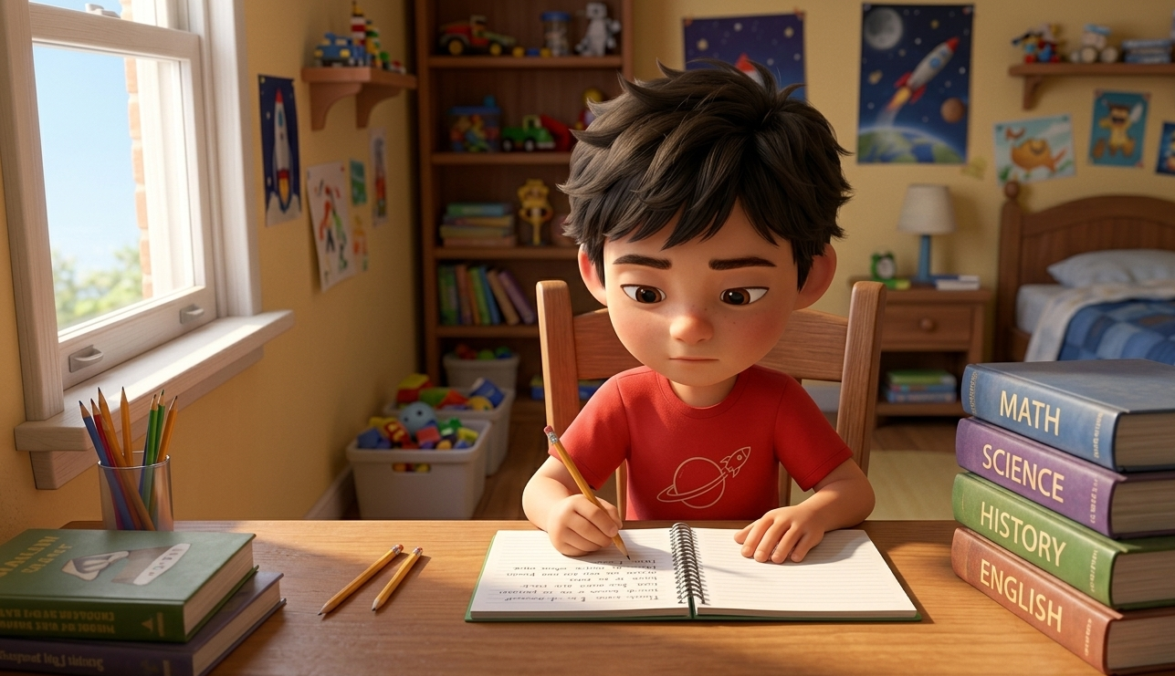 Young boy studying at a desk with school textbooks and pencils in a bright bedroom.
