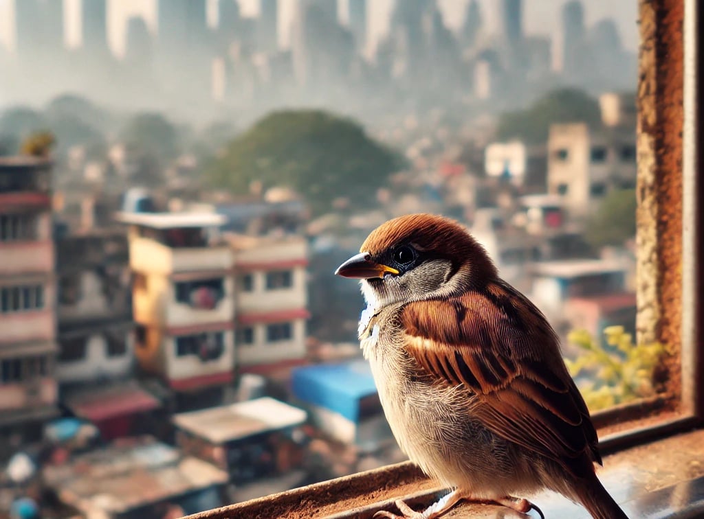 A house sparrow perched on a branch, representing the declining urban bird populations worldwide