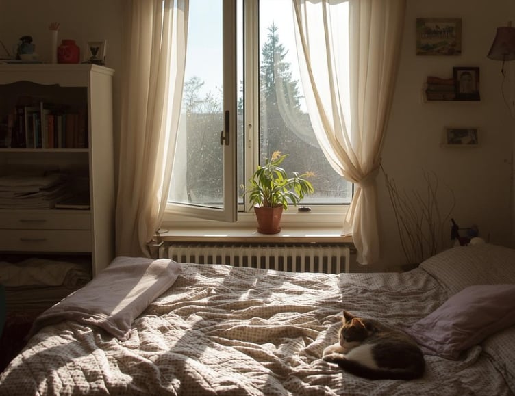 Lived-in non-toxic bedroom getting fresh air by the open window. With plants and a cat.