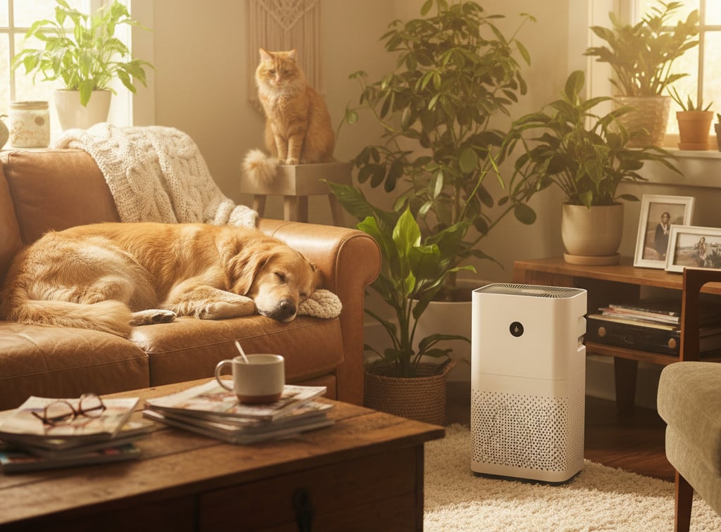 Cozy living room with pets and a modern air purifier for dander