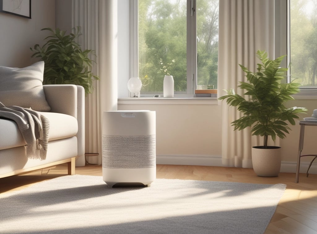 Modern aesthetic living room with warm sunlight and a sleek air purifier for a non-toxic home environment