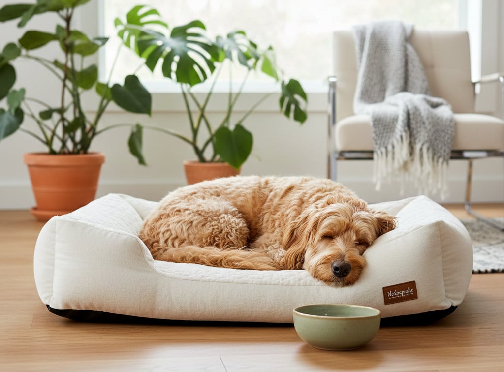 Golden doodle sleeping in a non-toxic organic cotton pet bed