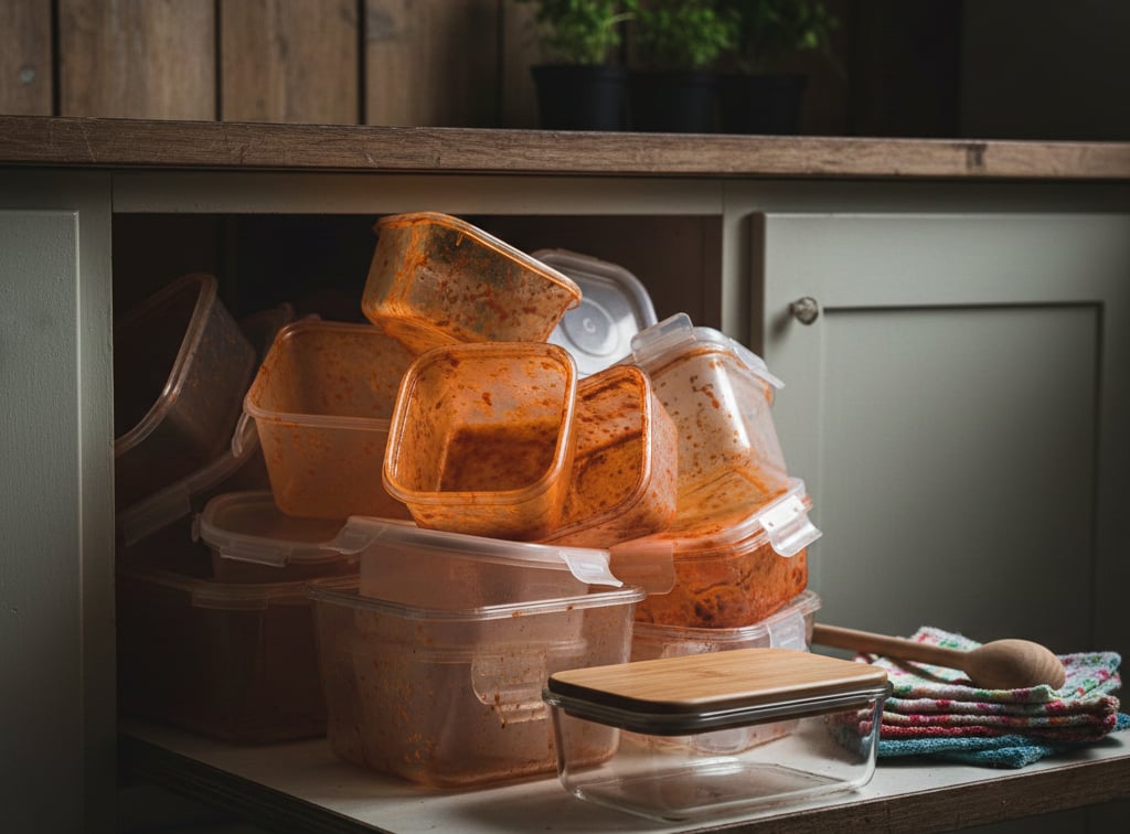 Stained plastic containers in a messy cabinet next to a clean glass jar and wooden spoon.