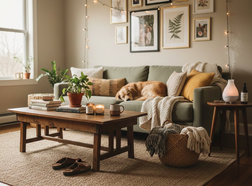 Cozy non-toxic living room with natural candles, clean products, and sustainable home swaps.