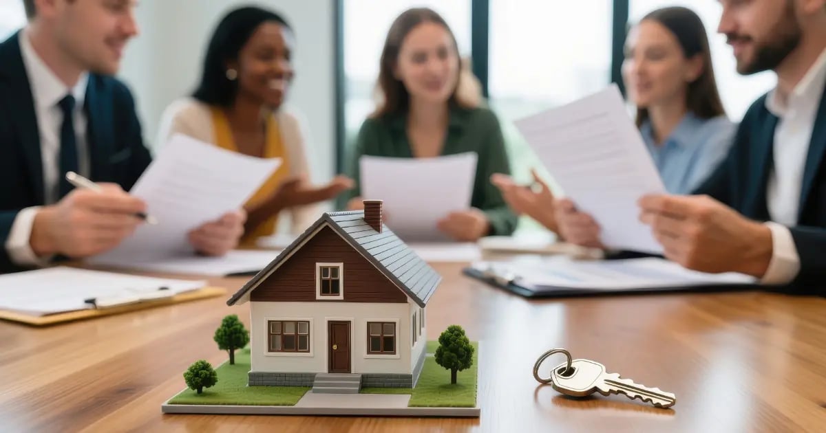 Reunião de planejamento de marketing com miniatura de casa e chave em primeiro plano representando e