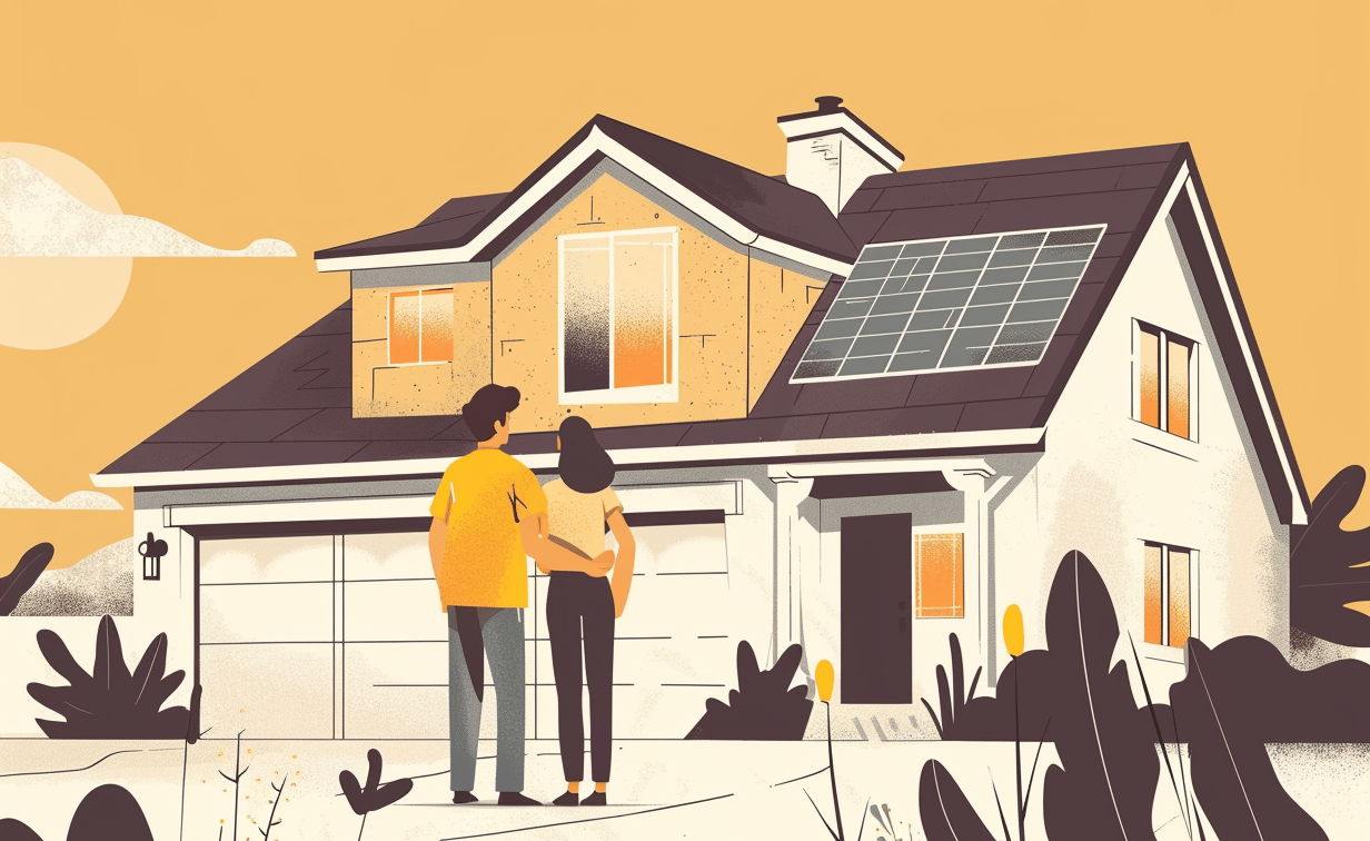 Illustration of homeowners inspecting their house exterior while planning maintenance and repairs