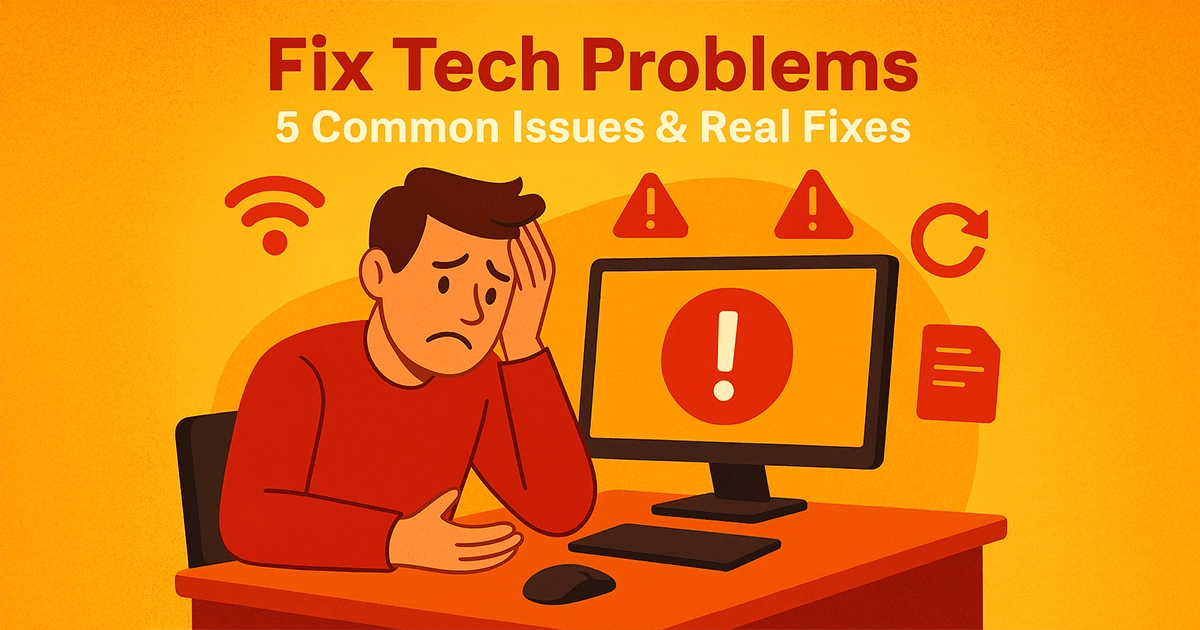 Frustrated man in red shirt at desk with error symbols on screen needing tech help in Cedar Rapids.