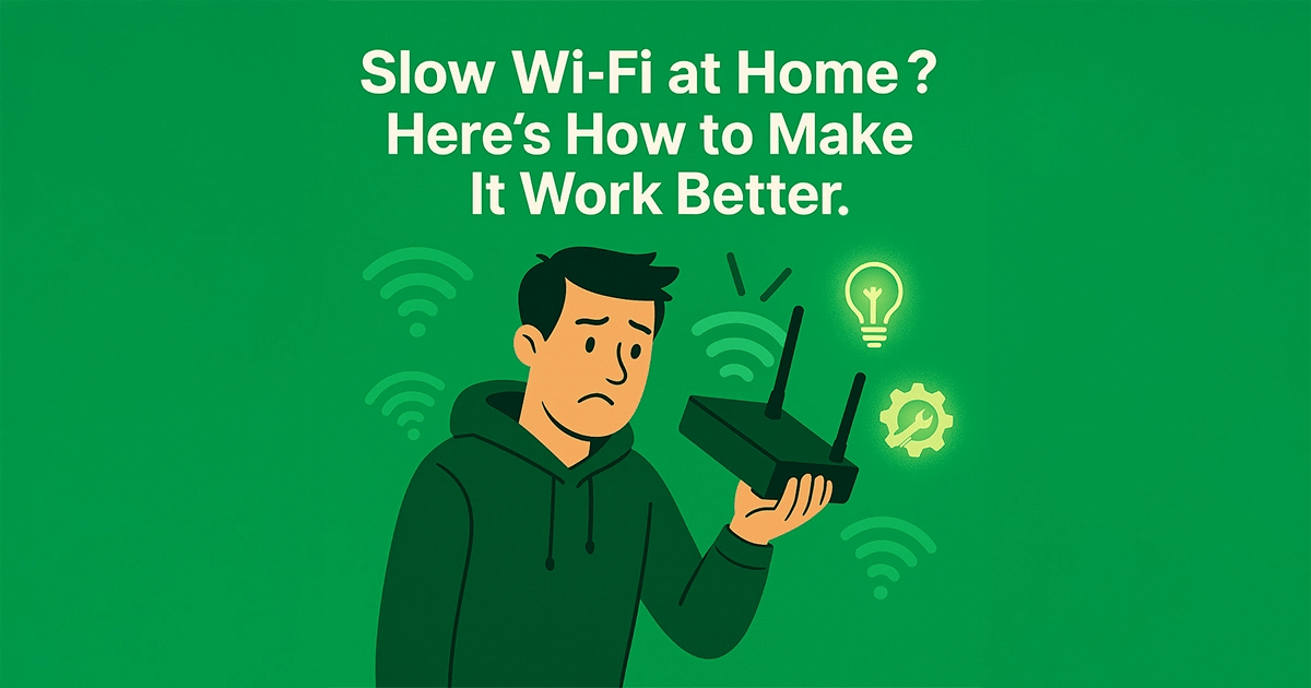 Frustrated man holding Wi-Fi router with weak signal icons and green tech help background in Cedar Rapids.