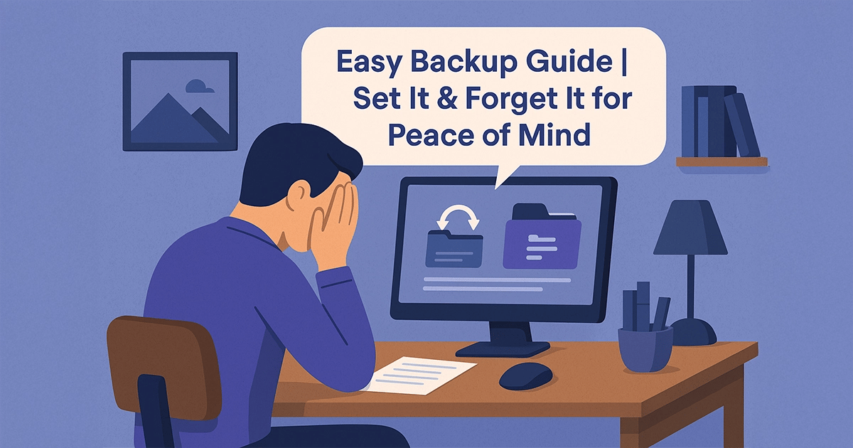 Overwhelmed man at home office setting up backup on computer with digital handyman tech help.