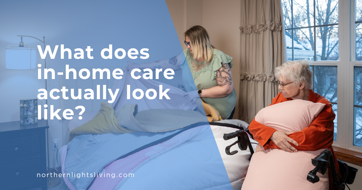 A professional caregiver providing in-home care services by making the bed for a senior woman in a wheelchair.