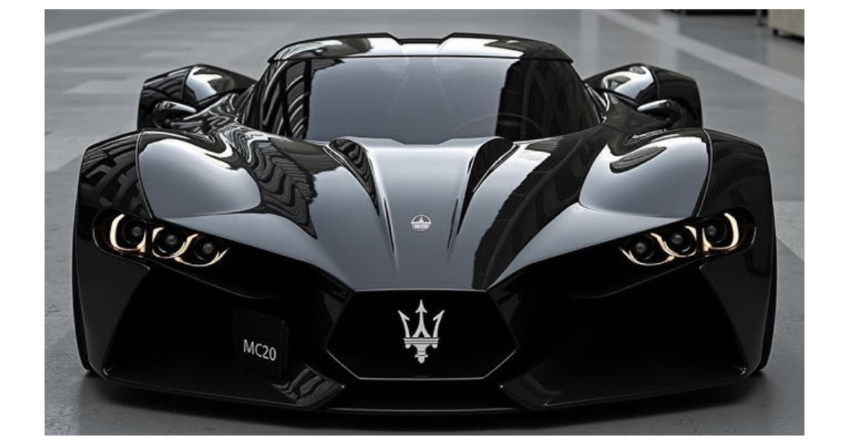 Front view of a sleek black Maserati MC20 luxury concept car with aerodynamic curves and LED headlights.