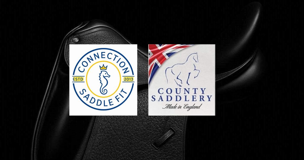 A black dressage saddle with both the connection saddle fit logo and County