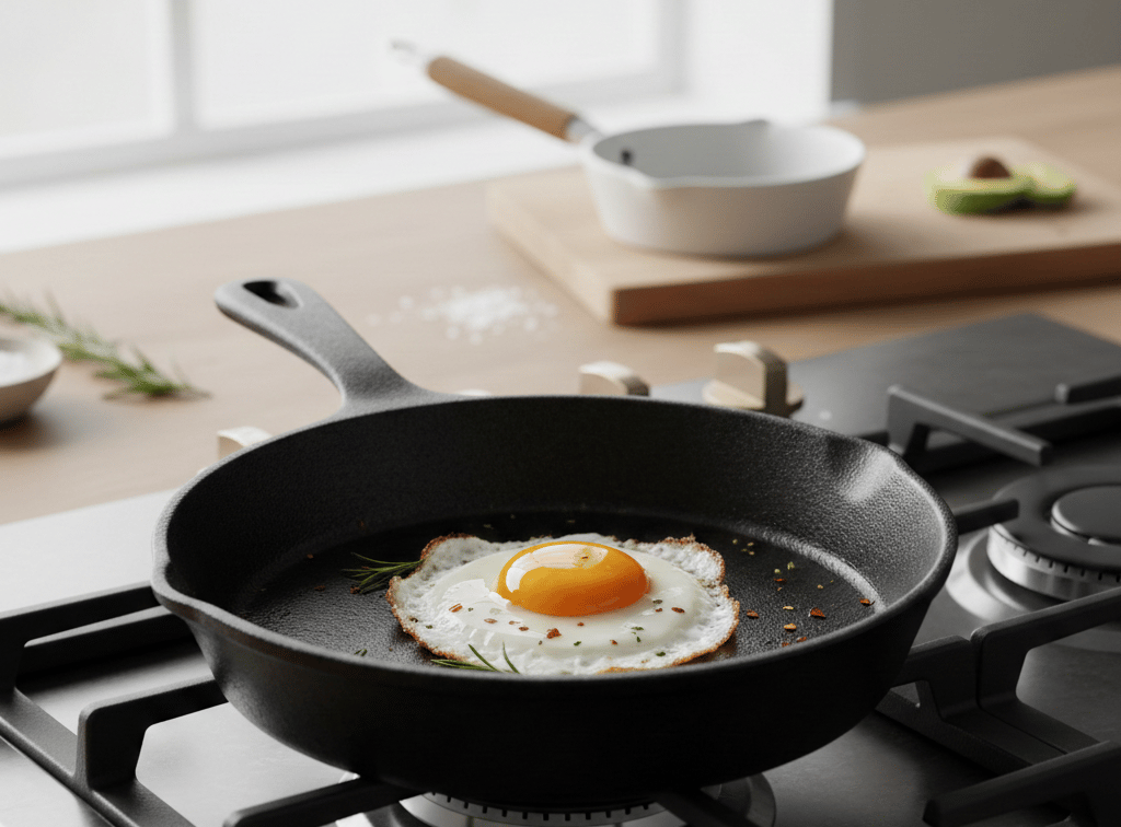 Seasoned cast iron skillet on a gas stovetop — non-toxic cookware alternative to Teflon