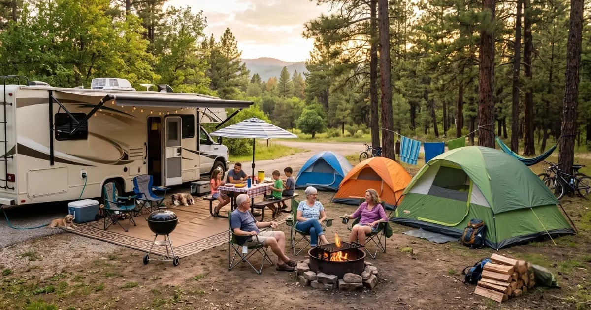 Family tents pitched at a group RV campout — Horacio & Visconti