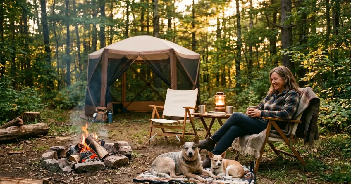 Cozy wooded campsite at golden hour with camp chairs, a campfire, and two dogs — Horacio & Visconti