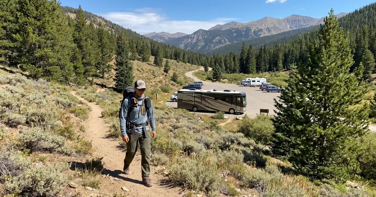 Hiker wearing convertible pants on desert trail with RV at trailhead — Horacio & Visconti