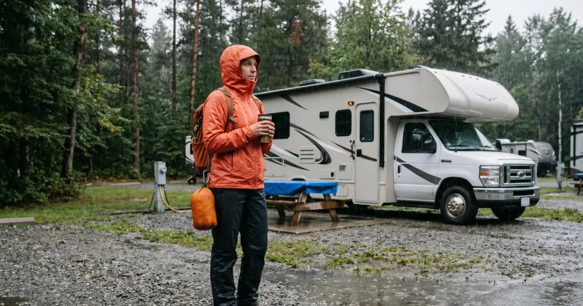 Person in packable rain jacket at rainy RV campsite with motorhome in background — Horacio & Viscont