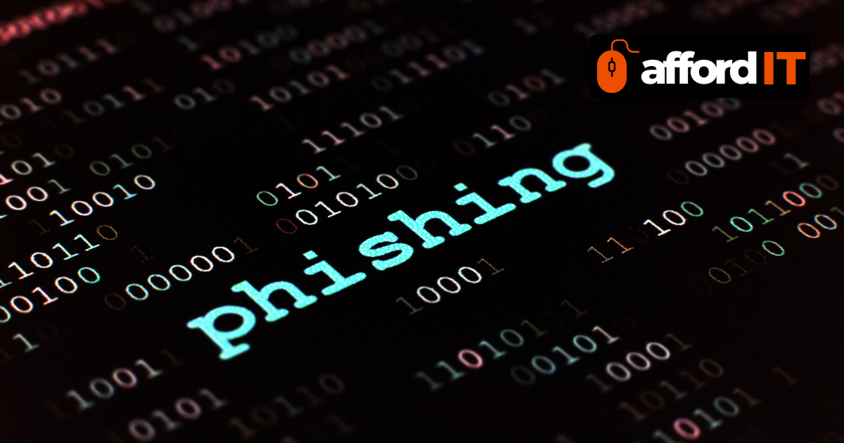 A cybersecurity graphic showing the word phishing over a digital background of binary code.