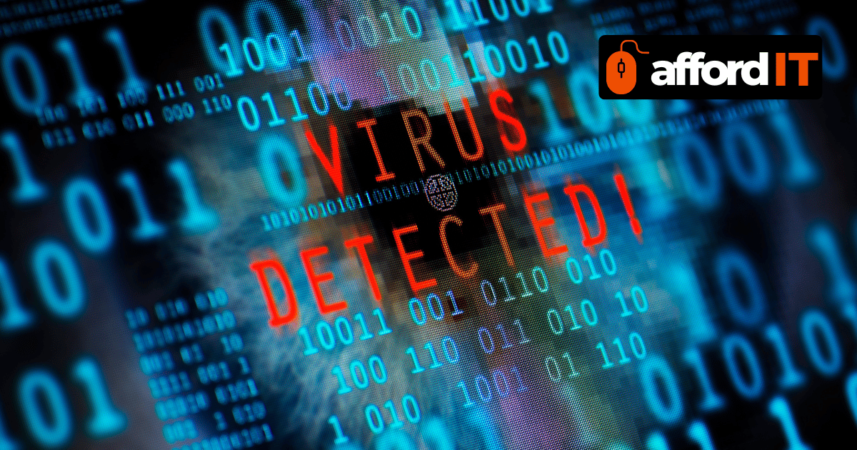 Digital binary code screen displaying a red virus detected warning for cybersecurity protection.