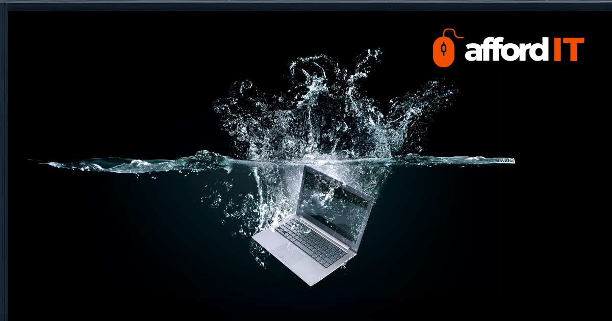 A silver laptop splashes into dark water with the affordIT logo displayed above.