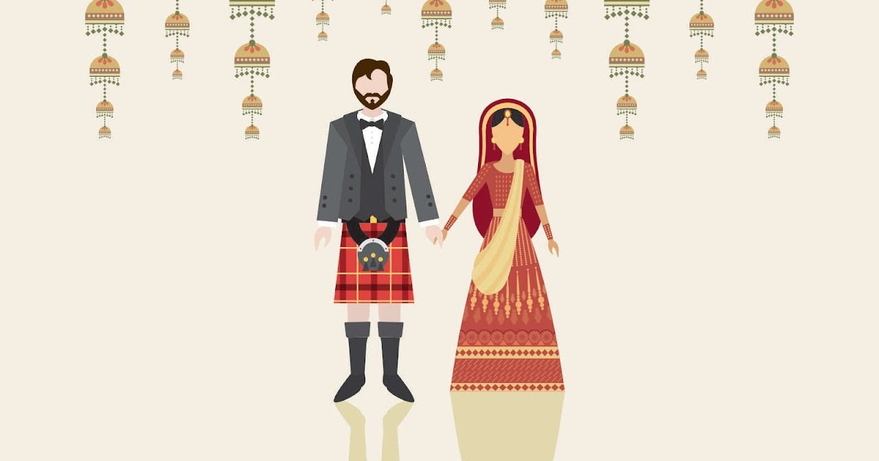 Illustration of a multicultural couple in a Scottish kilt and Indian bridal lehenga for a fusion wedding.