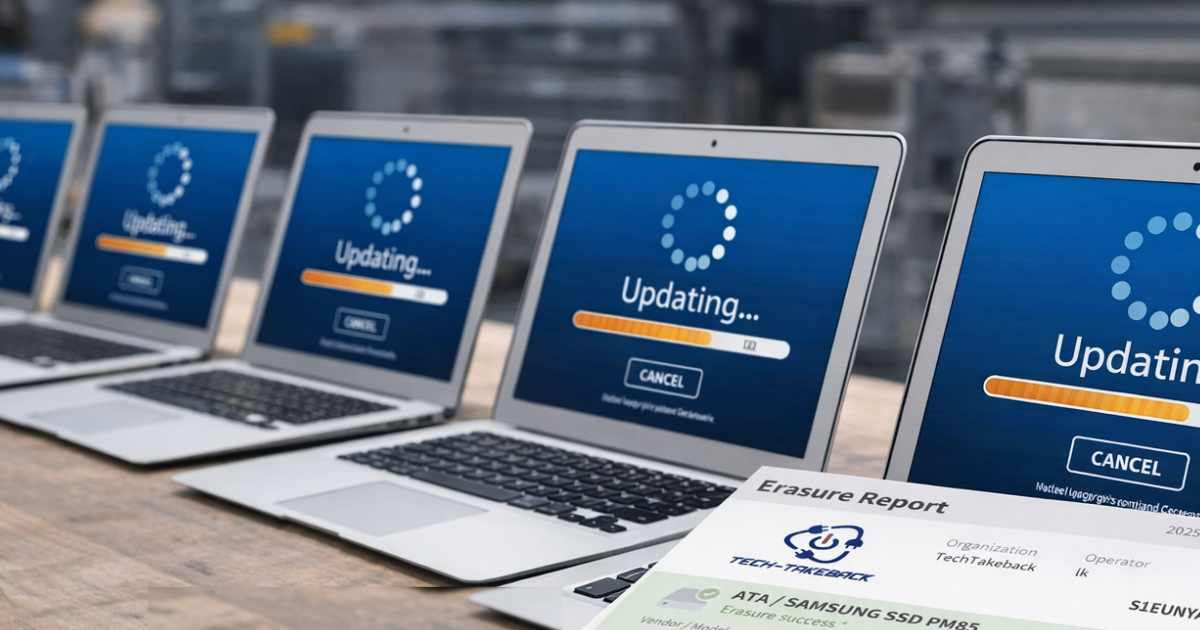 A photo showing a row of laptops updating, with a certificate of data erasure in the foreground