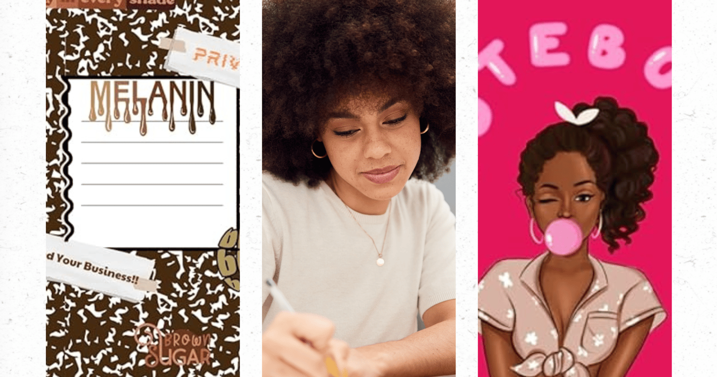 3 pic collage of notebook with sticker, woman writing, and notebook with woman blowing bubble gu