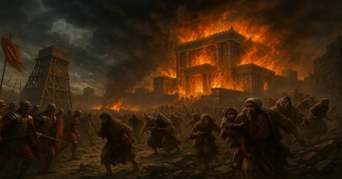 Roman siege of Jerusalem in AD 70 with the temple burning, fulfilling prophecy in the full preterist view.