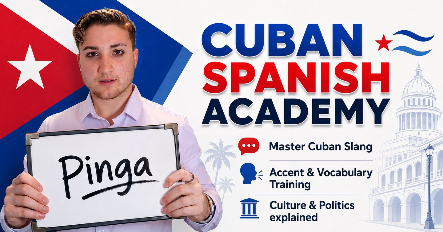 Man holding a sign for Cuban Spanish Academy lessons featuring slang, accent training, and culture.